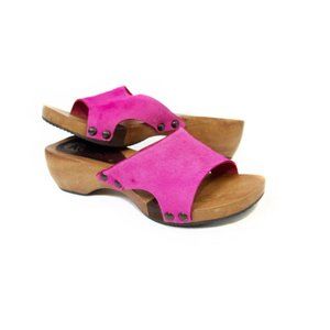 vintage fuschia pony hair studded wooden mules